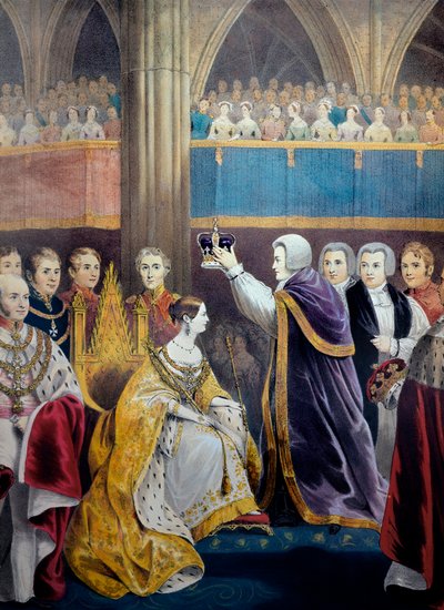 1837 年英国维多利亚女王加冕 (1819-1901)。（维多利亚女王加冕）。 19 世纪的石版画。 米兰，私人收藏 ©Luisa Ricciarini/Leemage 作者 未知艺术家