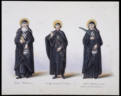 服装：1. Santa Ubaldesca, 2. St Ugo Commendant of Genoa, 3. Santa Toscana di vita。 标准差。 19 世纪。 作者 未知艺术家