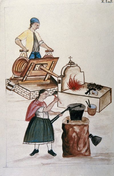 特鲁希略主教巴尔塔扎尔·马丁内斯·康帕尼翁和布扬达 (1782-1785) 所著的《秘鲁特鲁希略》或《Códice Martínez Compañón》一书中，一对 Moyobamma 梅蒂斯正在锻造铁器 作者 未知艺术家