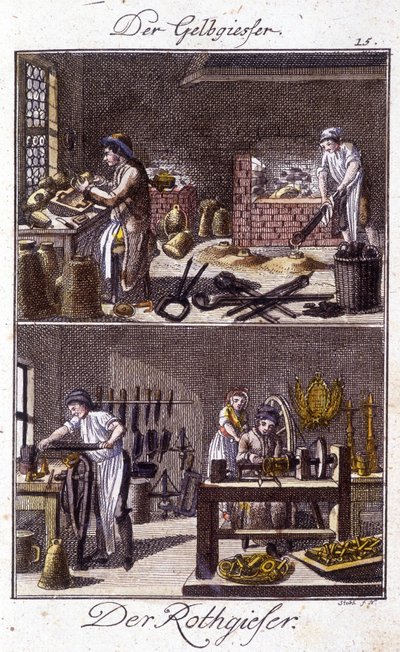 手工艺：铜冶炼师和迪南迪尔在他们的车间里。载于约翰-彼得-维尔的 "青少年艺术和手工艺及讲习班综合说明"。编辑。纽伦堡，Weigel和Schneider 作者 未知艺术家