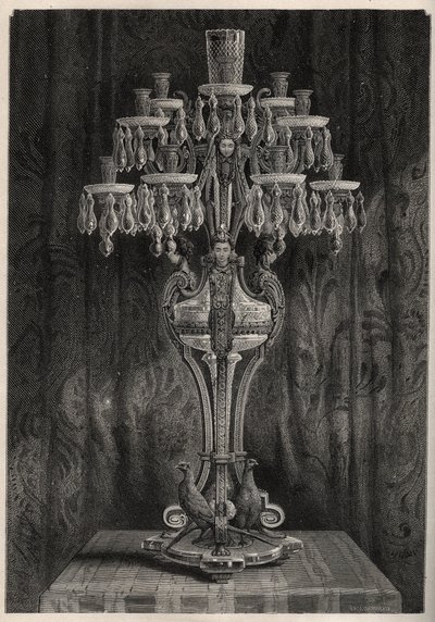 来自 Baccarat 工厂的水晶烛台——雕刻在 Louis Figuier 的“Les Merveilles de l