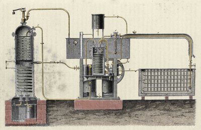 切割 Ferdinand Carre (1824-1894) 的工业设备以制冰。 19 世纪的雕刻 作者 未知艺术家