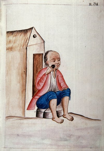 秘鲁的日常生活和习俗：““印度在他家门口刮胡须”“水彩画，取自特鲁希略主教巴尔塔萨·马丁内斯·康帕农·巴扬达（Baltasar Martinez Companon y Bajanda，1782-1785 年）所著的“秘鲁特鲁希略”一书。 18世纪马德里。 皇家图书馆 作者 未知艺术家
