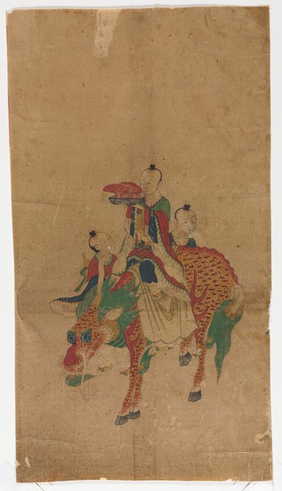 骑着麒麟的道教仙人和两个随从 作者 未知艺术家