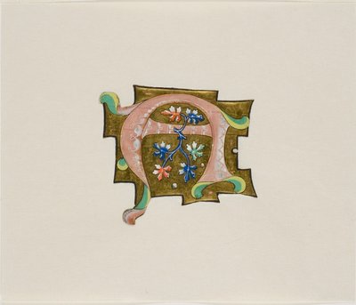 粉色首字母 "A "装饰，配六片树叶和两个球，选自合唱书 作者 未知艺术家