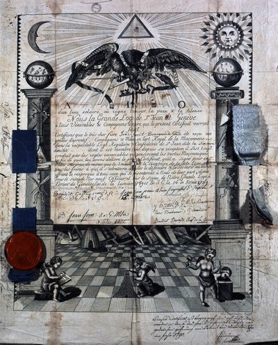 艾萨克·惠特 (Isaac Huit) 皇家砖石艺术大师的文凭，于 1789 年由日内瓦的圣让修道院授予。 作者 未知艺术家