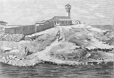 Dreyfus 案：Alfred Dreyfus 船长 (1859 - 1935) 被驱逐到圭亚那的魔鬼岛 (Devil Island) (1895 - 1899)。 雕刻。 作者 未知艺术家