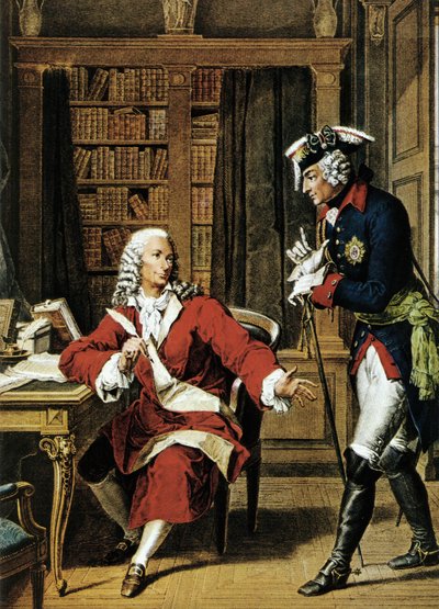 腓特烈二世大帝（1712 - 1786 年）拜访哲学家伏尔泰（1694 - 1778 年）。18 世纪的蚀刻版画。 作者 未知艺术家