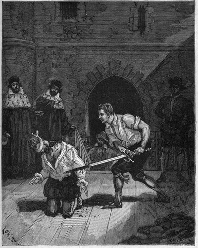 Charles de Gontaut Biron的处决（1602年）：勃艮第总督Charles de Gontaut Biron（1562年-1602年）因阴谋反对法国国王亨利四世（1553-1610年）而被砍头。19世纪的雕版画。载于《法国历史》，作者是朱棣文。 作者 未知艺术家