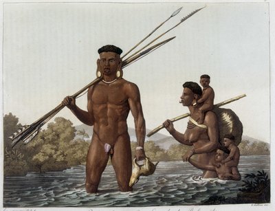 Botocudos 印第安人家庭从狩猎归来，穿越格兰德河到达巴拉圭的贝尔蒙特。在 1818-1820 年的“古老而现代的服装”中，费拉里奥着。 作者 Unknown artist