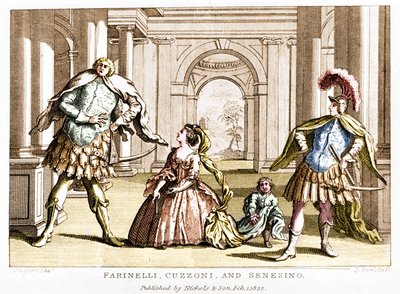 Farinelli (Carlo Broschi, dit; 1705 - 1782) 与女高音 Cuzzoni 和阉割者 Francesco Bernardo Senesino (1680 - 1750) 在 George Frederick Handel (Georg Friedrich Handel) 的歌剧中 作者 未知艺术家