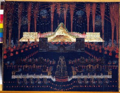 1742 年 4 月 25 日莫斯科（俄罗斯）的焰火和照明。佚名作品，卡片上的水彩和水粉画，18 世纪中期。洛可可艺术。莫斯科国家历史博物馆。 作者 未知艺术家