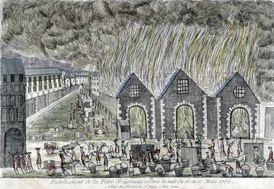 1762 年巴黎圣日耳曼博览会的火灾。 作者 未知艺术家