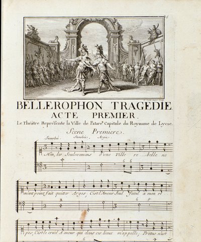 “” Bellerophon “”悲剧抒情诗的第一幕由让·巴蒂斯特·卢利 (Giovanni Battista Lulli) (Jean-Baptiste) (1632-1687) 的五幕组成。 1714. 作者 未知艺术家
