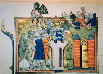 第一次十字军东征：布永 (1058-1100) 的 Godefroi（或 Godefroy）于 1099 年在一座圆塔中袭击了耶路撒冷。来自“Roman De Godefroy De Bouillon et de Saladin”的缩影 作者 未知艺术家