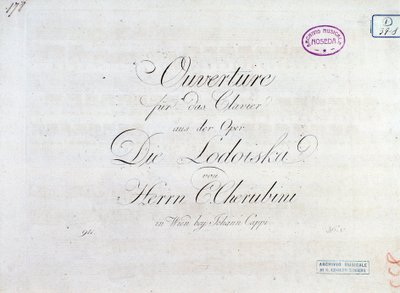Luigi Cherubini的““ Lodoiska””歌剧中用于钢琴演奏的钢琴乐谱的第一页 作者 未知艺术家