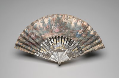带有田园风光的折扇，约1740-60年（双面纸上的水粉，珍珠母贝，烫金和粘贴宝石） 作者 未知艺术家