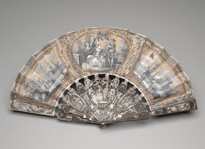 带有“ grisaille”场景的折叠扇，约1780年代（双绢叶上的水粉，黄铜，金属线，骨头或象牙，烫金，珍珠母贝和粘贴宝石） 作者 未知艺术家