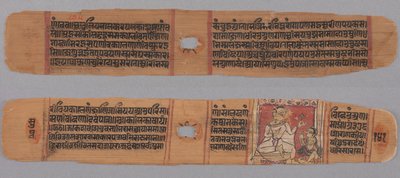 对开页 141，选自 Kalakacharya 的 Kalpa-sutra 和故事：正文（直面）；僧侣手持一朵由俗家弟子供奉的花（反面） 作者 未知艺术家