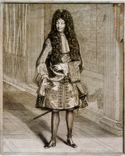 被称为太阳王（1638-1715）的国王路易十四的足部肖像。 18 世纪雕刻。 马德里国家图书馆。 作者 未知艺术家