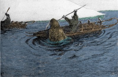 南森（Fridtjof Nansen）（1861-1930），挪威探险家，1896年考察北极时被海象袭击。他在皮划艇上背着Schlitte号。19世纪的雕版画。 作者 未知艺术家