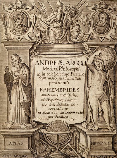 Andreae Argoli创作的带有海格力斯和阿特拉斯的 "Ephemerides "的封面图 作者 未知艺术家