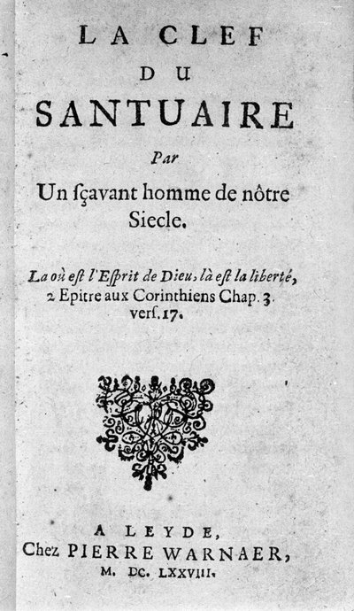Frontispice of “The key to the sanctuary”” by Baruch Spinoza (1632-1677), Dutch philosopher also known as Bento de Espinosa or Benedictus de Spinoza or Benoit de Spinoza. 1678 作者 未知艺术家
