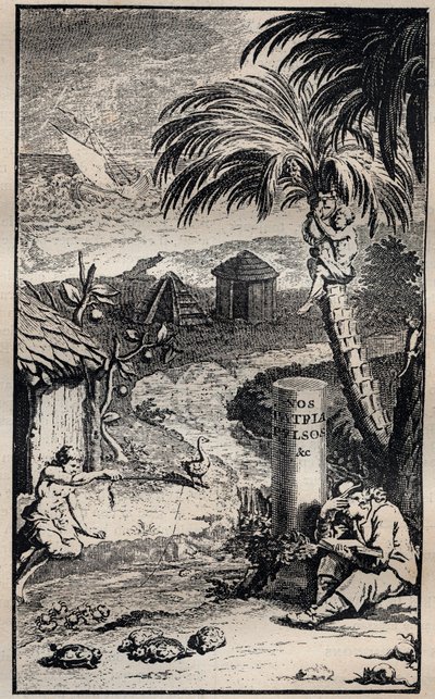 Francois Leguat (1637-1735) 法国探险家的 "Francois Leguat和他的同伴在东方印度的两个荒岛上的航行和探险 "一书的封面插图 - 1708年 作者 未知艺术家