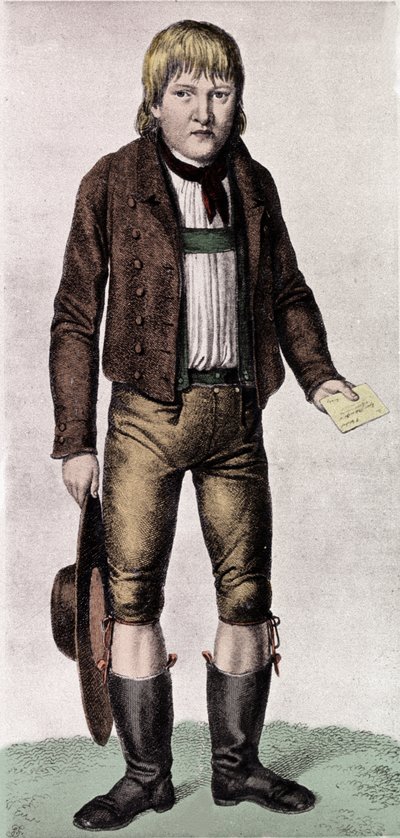 大谜团：加斯帕德 (Kaspar) Hauser 的肖像，绰号“欧洲孤儿”，1828 年 5 月 26 日，他 16 岁左右出现在纽伦堡。 它来自一个显赫的家庭，但它的起源仍然是个谜。 雕刻的 作者 未知艺术家