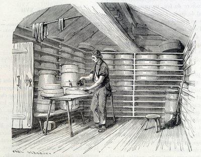 Gruyère cheese shop in a Swiss chalet (washing the crut) - in “” The wonders of the industry”” by Louis Figuier 作者 未知艺术家