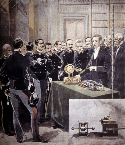 古列尔莫-马可尼于1897年在海军部的一次会议上提出了无线电报（TSF）。 作者 未知艺术家