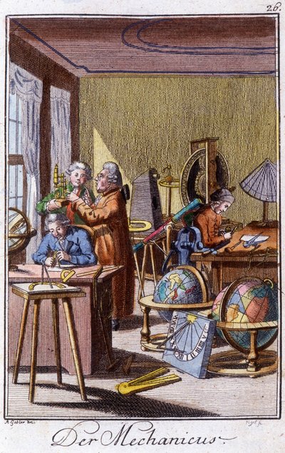Handcrafted metier: the mechanic with precision instruments in his workshop. In “” Comprehensive description of arts and crafts and workshops for young people”” by Johan Peter Vue. Ed. Nuremberg, Weigel and Schneider 作者 未知艺术家