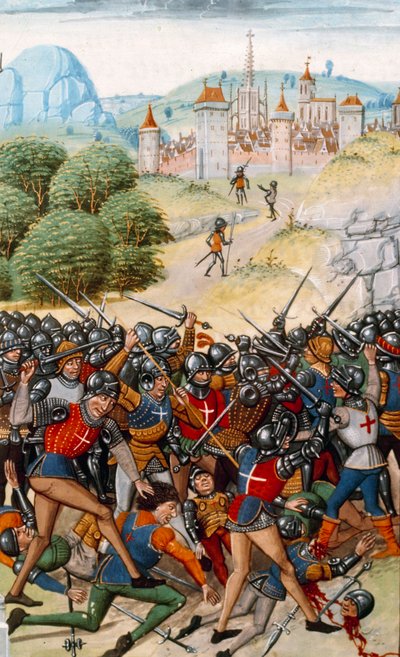 百年战争：1370 年 4 月 12 日法国和英国之间的庞瓦兰之战“编年史”的缩影，由让·弗洛瓦萨尔 (Jean Froissart，1337-1400) 创作，15 世纪巴黎。 BN 作者 未知艺术家