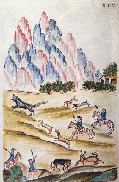 在山区狩猎野猫，摘自《秘鲁特鲁希略》或《马丁内斯-康帕尼翁法典》一书，作者是特鲁希略主教巴尔塔萨-马丁内斯-康帕尼翁-布扬达（1782-1785）。 作者 未知艺术家