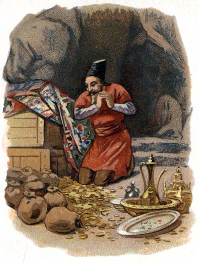 一千零一夜的故事》的插图。阿里巴巴（Ali-Baba）进入岩石，说，芝麻打开你，看到了金桶。1890年左右的彩色石版画。 作者 未知艺术家