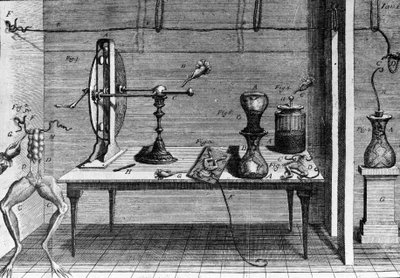 意大利物理学家兼医生 Luigi Galvani（1737 - 1798）的实验插图解释了电流移动青蛙腿的过程。 作者 未知艺术家