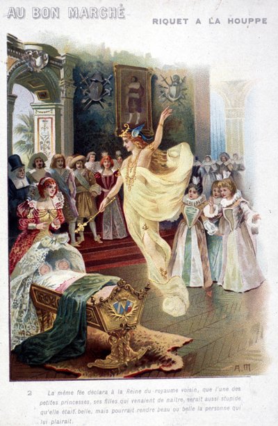 查尔斯-佩罗（Charles Perrault）的故事 "Riquet à la houppe"（1697年）的插图：仙女向女王宣布，刚刚出生的公主将像她的美丽一样愚蠢。19世纪的海报 "Au bon marché"。 作者 未知艺术家