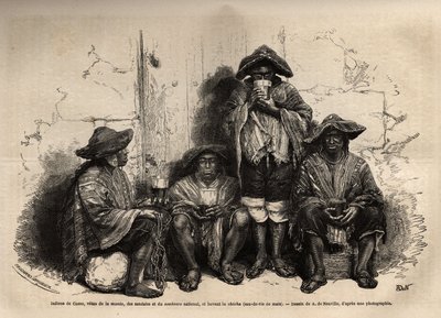 Indians of Cuzco (Peru), vetus of the manta, sandals and traditional sombrero, employed as labour for the exploitation of guano deposits in the Chincha Islands, drinking shisha, but fermented brandy. Engraving to illustrate Les iles Chincha, rect by L.Simo 作者 未知艺术家