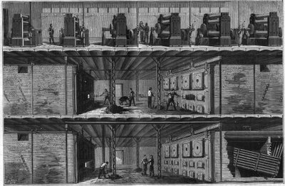 1884年，在纽约的Central Electricite配电站（爱迪生系统）安装锅炉和蒸汽动力装置。 作者 未知艺术家