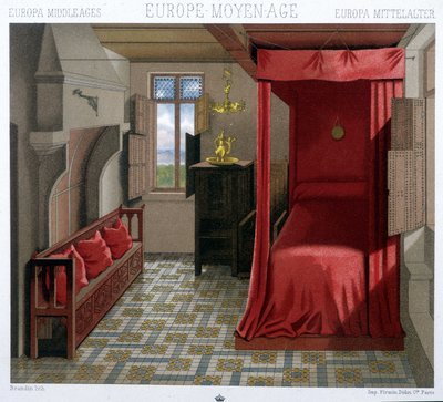 Interior of a house in the 15th and 16th century. In “Le costume historiqu” e by A. Racinet 作者 未知艺术家