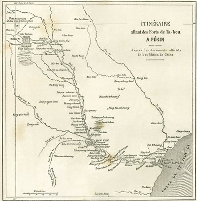 Itinerary along the Hai He River near Tien Tsin (Tien-Tsin, Tianjin) to Pekin (Beijing), China. Carte, in “” Le Tour du Monde, Nouveau journal des Voyages””, edited by Edouard Charton, Paris 作者 未知艺术家