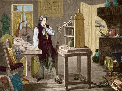 詹姆斯-瓦特研究纽科门机器的完善（1767年）（蒸汽机）--载于《科学专辑；杰出的科学家；伟大的发现》1896。 作者 未知艺术家