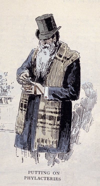 犹太宗教：一个戴着祈祷石灰（Talit 或 Tzitzit）的老犹太男子，雕刻于 1890 年 作者 未知艺术家