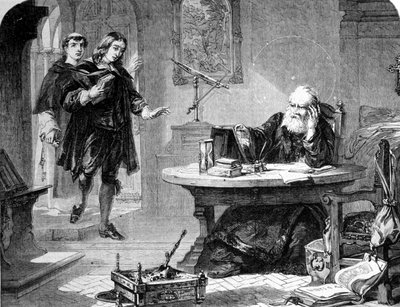 约翰-米尔顿，英国诗人和散文家（1608 - 1674）在佛罗伦萨宗教裁判所的牢房里拜访了伽利略（Galileo）（1564 - 1642）。雕版画。1860年左右。 作者 未知艺术家