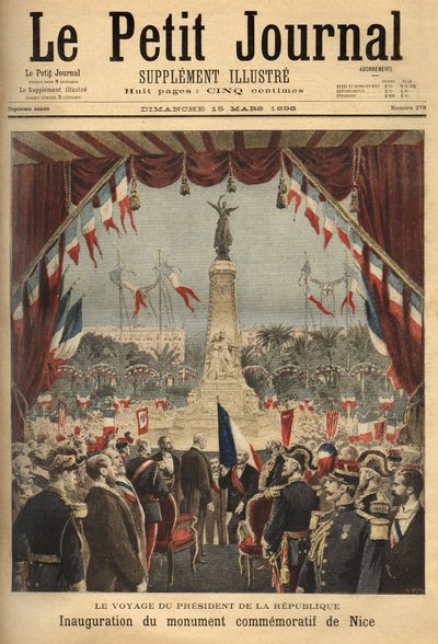 共和国总统费利克斯-福尔（1841-1899）为纪念尼斯伯爵对法国的依恋而举行的纪念碑落成典礼的行程。Le petit journal"/1896中的雕刻。塞尔瓦的收藏。 作者 未知艺术家