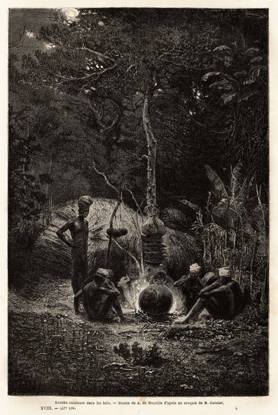 卡纳克人在帕马莱境内的树林里做饭。 1863-1866 年，矿山土木工程师朱尔斯·加尼尔 (Jules Garnier) 为说明新喀里多尼亚之旅而绘制的版画，发表于“世界之旅，新航海杂志”，Edouard C 编辑 作者 未知艺术家