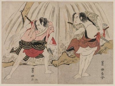 片冈尼左卫门七世与市川耀三世在瀑布旁的对峙 作者 未知艺术家