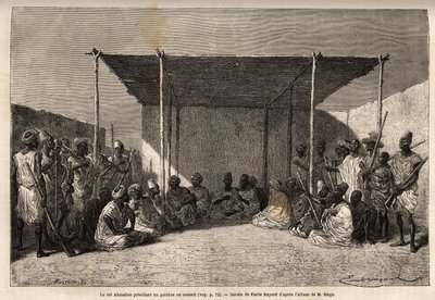 King Ahmadou presiding over a council or palabre of the Toucouleur empire in Segou Sikoro (Mali), the wise men sit and the warriors set, the king holds a Muslim rosary in his hands. Engraving to illustrate the voyage to Western Sudan of Lieutenant (Navy) M 作者 Unknown artist
