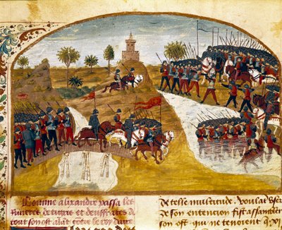 亚历山大大帝（公元前 356-323 年）和他的军队通过了 Quintus Curtius Rufus (Quinte Curce) 所著的“亚历山大大帝事实之书”中的老虎和微型幼发拉底河（公元前 1 世纪），大约 1468 年。（女士 第1335章） 市立图书馆 作者 未知艺术家