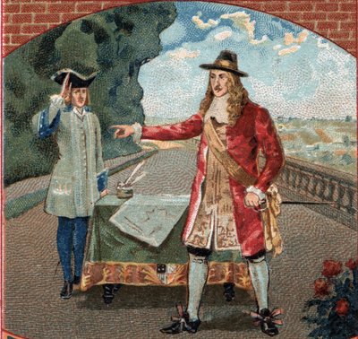英格兰国王詹姆斯二世（James II Stuart）（1633-1701）在圣日耳曼城堡（Saint-Germain-en-Laye）逗留期间。19世纪末的彩色石版画 作者 未知艺术家
